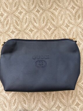 Navy Blue Leather Logo Cosmetic Pouch